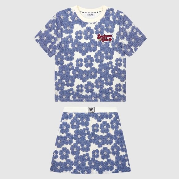 B.Sure Blue And White Flower Short-Sleeved Skirt Set - Picture 1 of 4